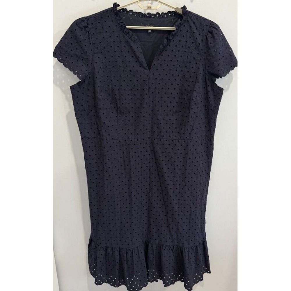Talbots Plus Navy Eyelet Shift Dress Short Sleeve Side Zipper Lined Ruffle 20W
